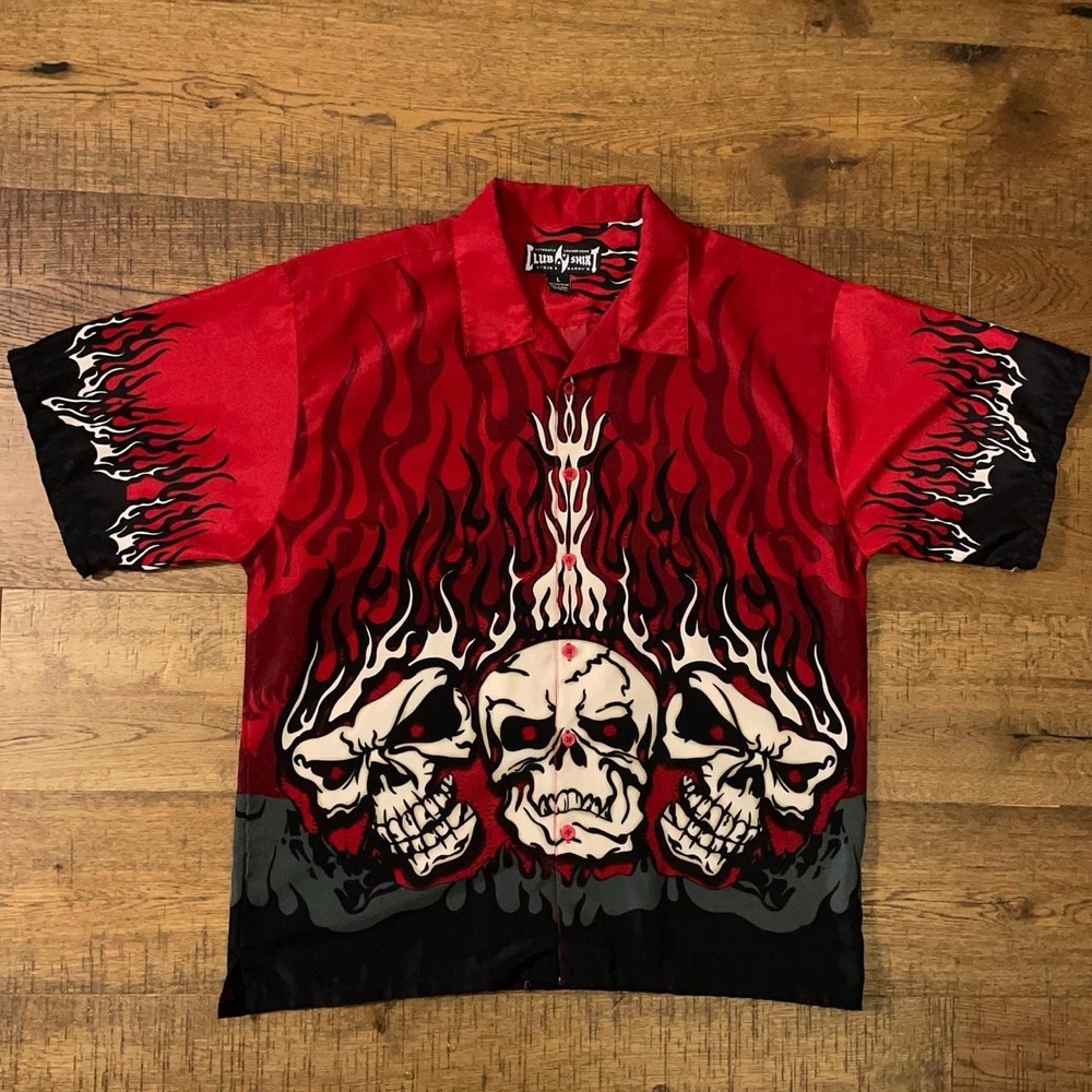 Steve & Barry's Button Up Shirt Mens L Red Skater Skull Flames Y2K Club n Shirt